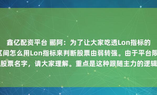 鑫亿配资平台 郦阿：为了让大家吃透Lon指标的用法，继续讲，在强势区间怎么用Lon指标来判断股票由弱转强。由于平台限制，不可以说股票名字，请大家理解。重点是这种跟随主力的逻辑。我用一个过往的票的走势，来说明。...